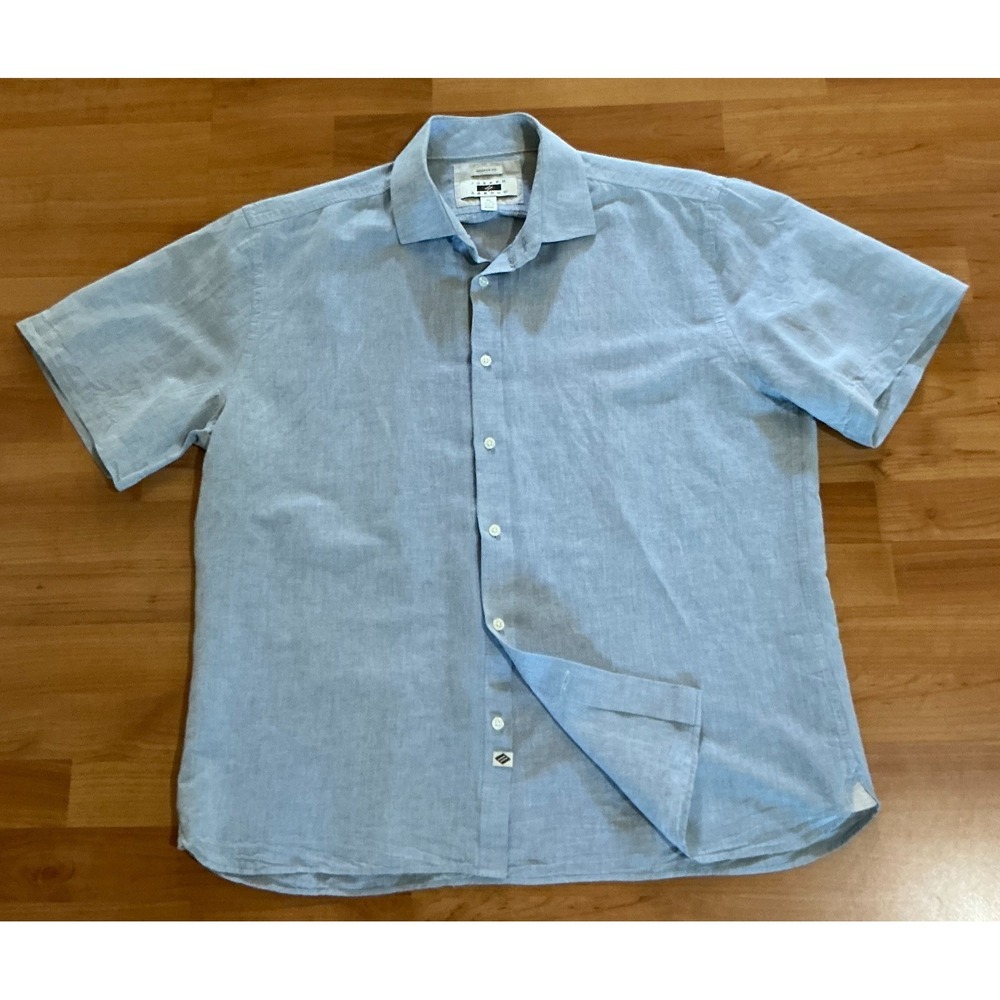 Joseph Abboud XL Linen Cotton Shirt Light Blue Short Sleeve Button Front Modern